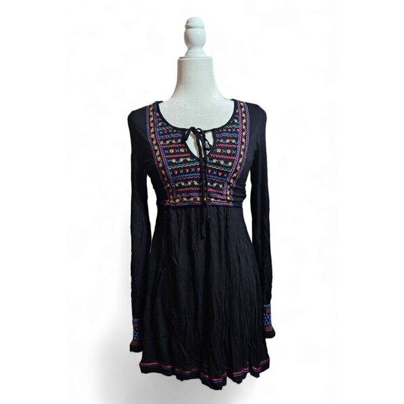 Vintage Diesel peasant tunic black long sleeve embroidered mini dress size S - Picture 1 of 8